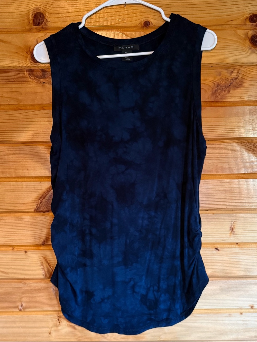 Tahari Navy Tie-Dye Sleeveless Side-Ruched Tank Top